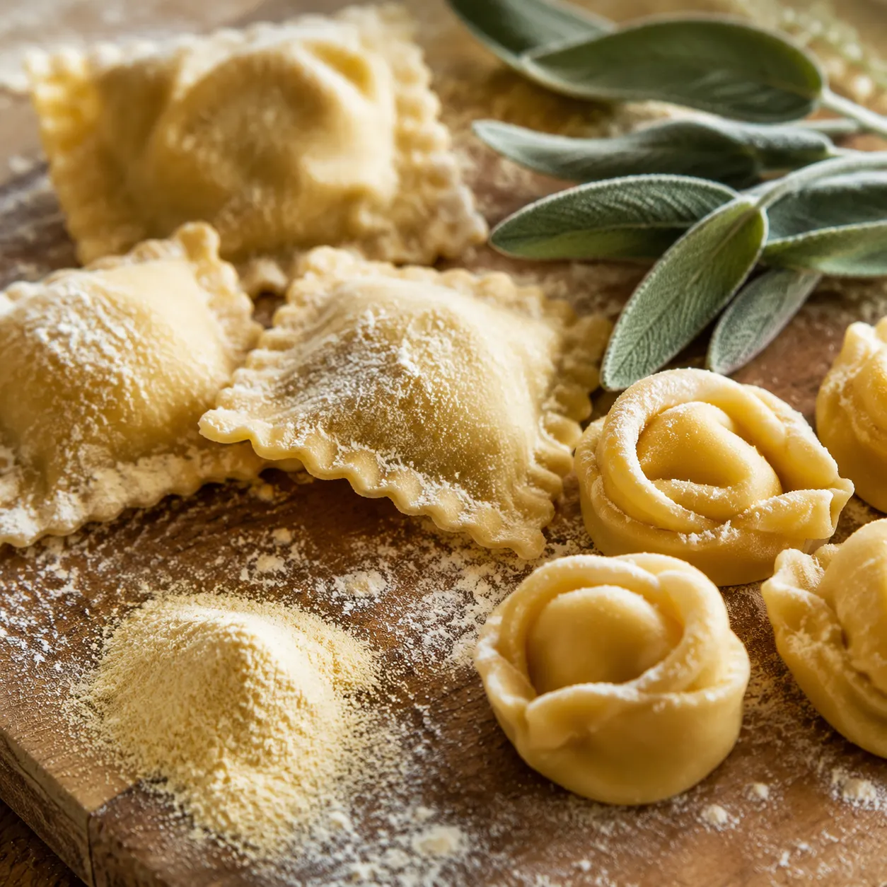 Stuffed pasta types ravioli and tortellini on a floured wooden board