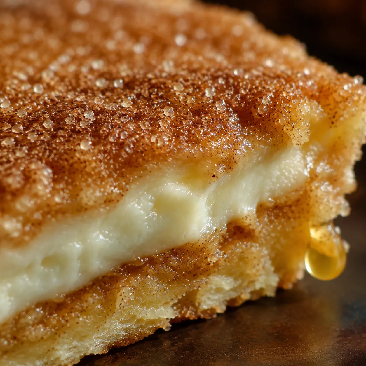 Macro layers of sopapilla cheesecake bar showing cream cheese filling