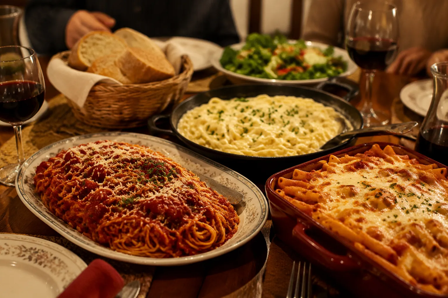 Different pasta types served family style with marinara, alfredo, and baked ziti