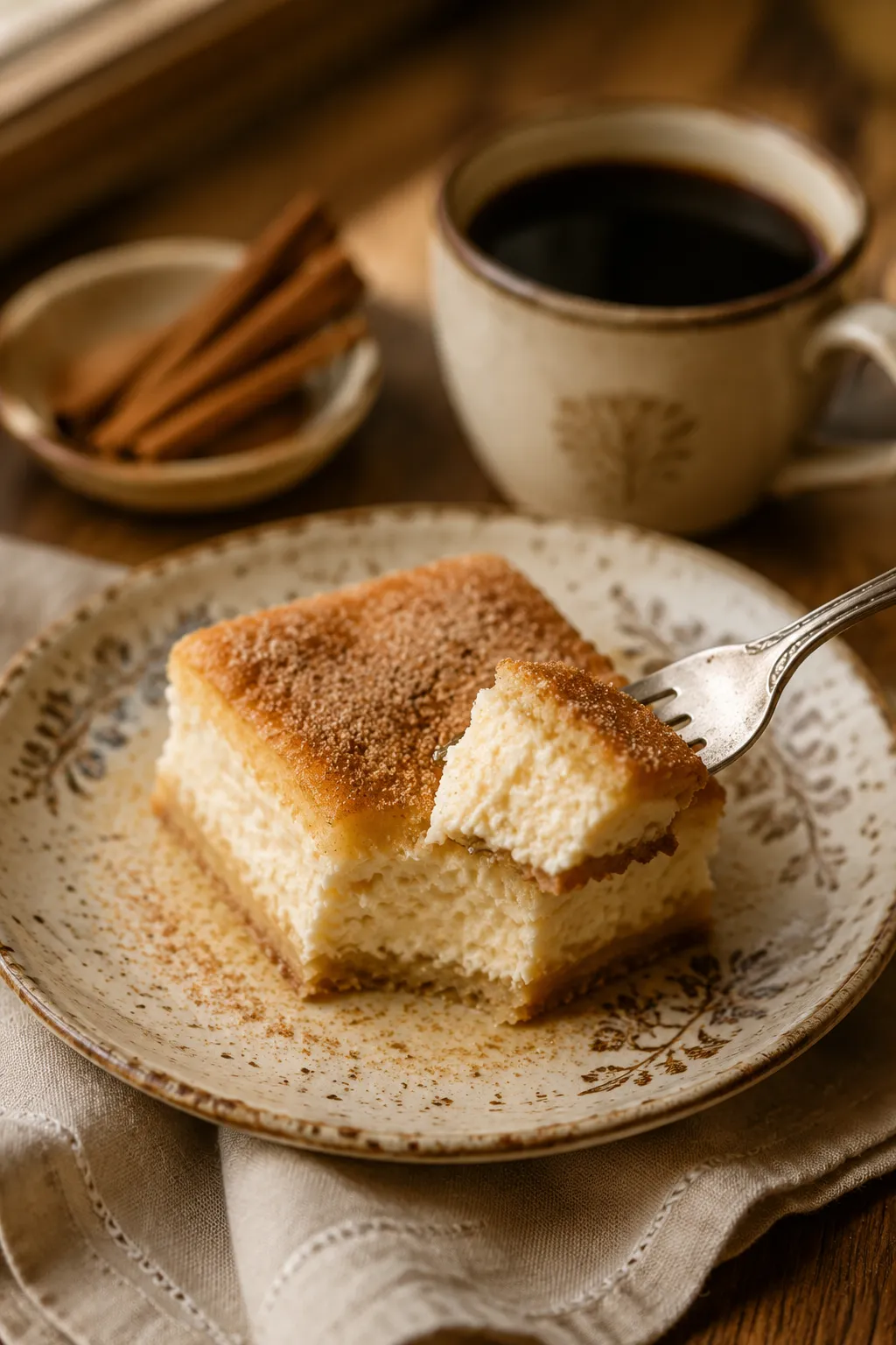 Sopapilla cheesecake bar served on a plate with coffee