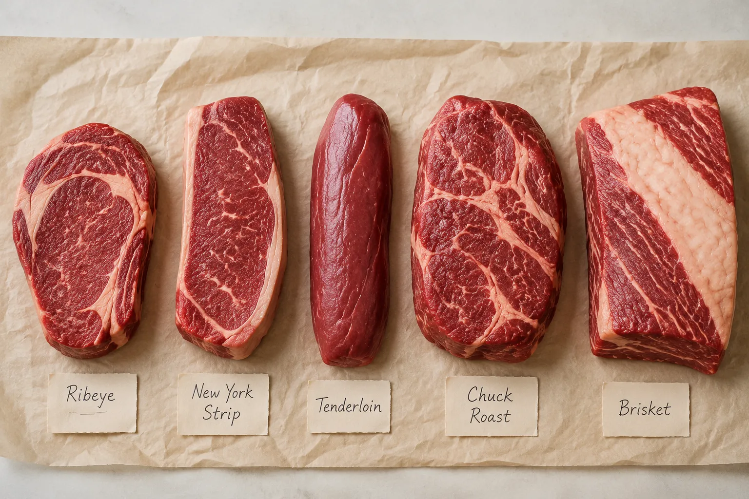 Guide to cuts of beef: ribeye, strip, tenderloin, chuck, and brisket labeled on butcher paper