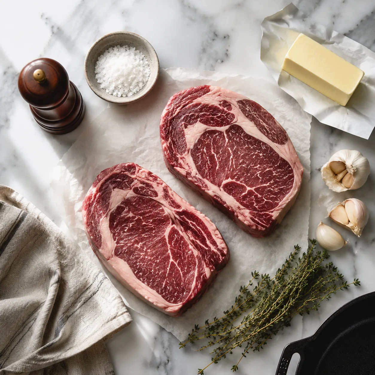 Ingredients flatlay for meat a meat pan-seared steak: ribeye, butter, garlic, thyme, salt