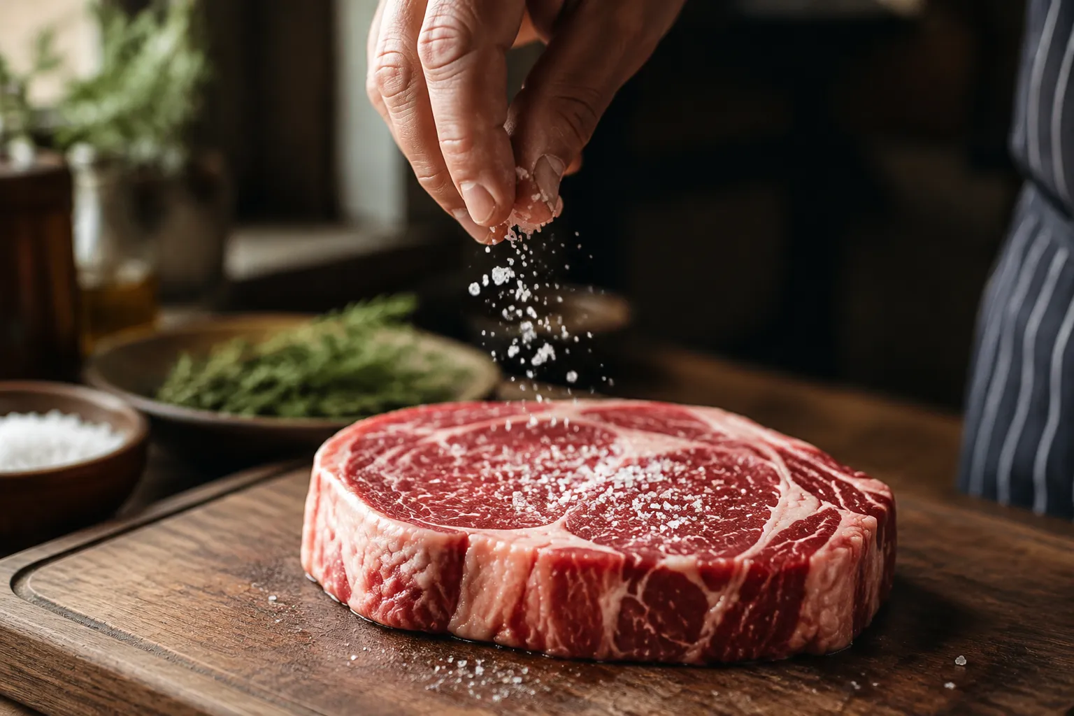 Seasoning ribeye steak with kosher salt before searing