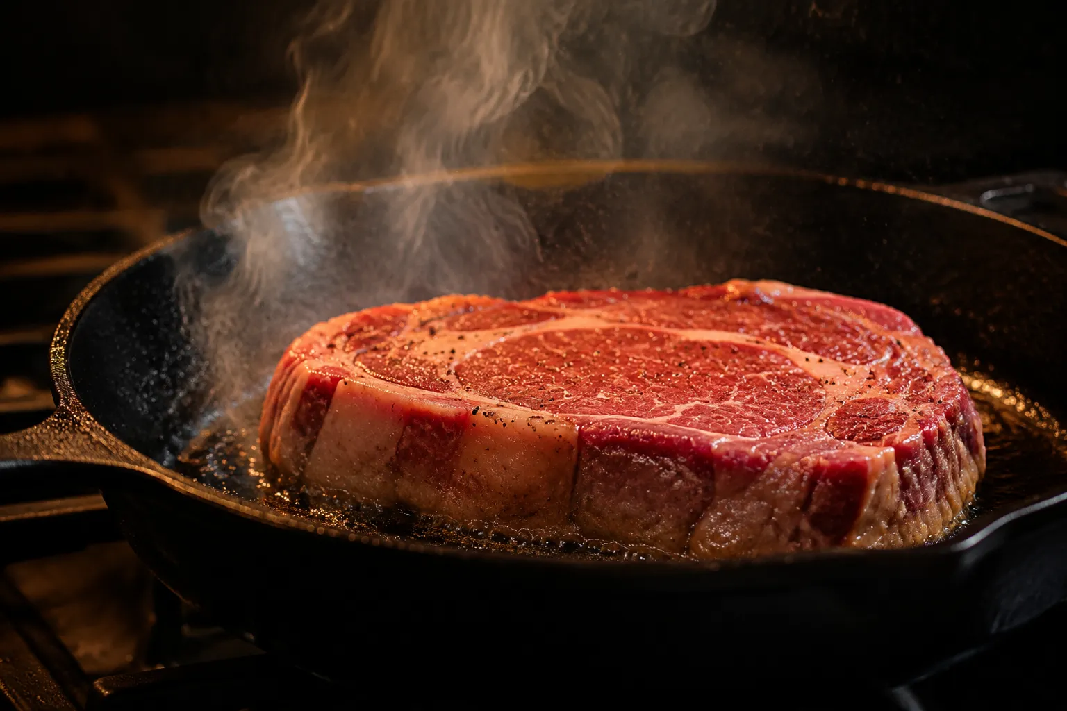 Searing ribeye steak in hot cast iron skillet for a deep crust