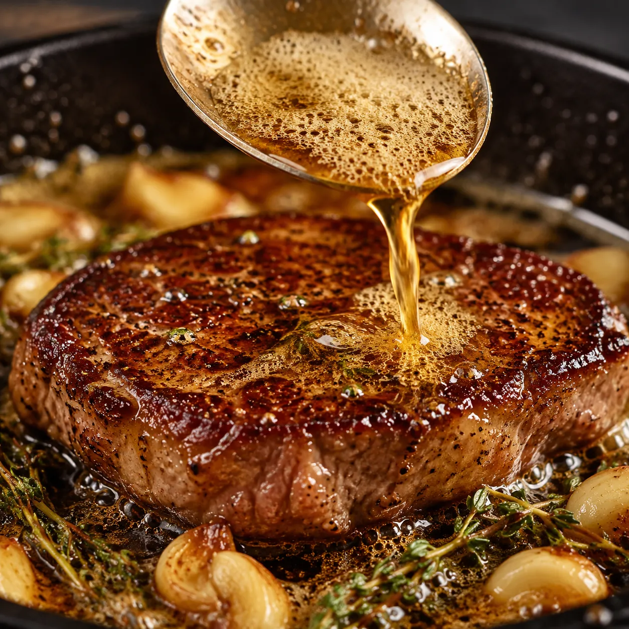 Butter basting ribeye steak with garlic and thyme in cast iron pan