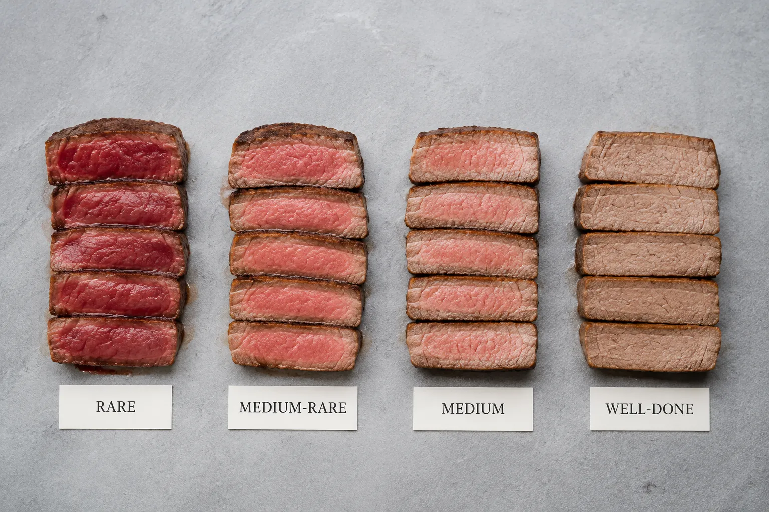 Steak doneness chart: rare, medium-rare, medium, and well-done sliced side by side