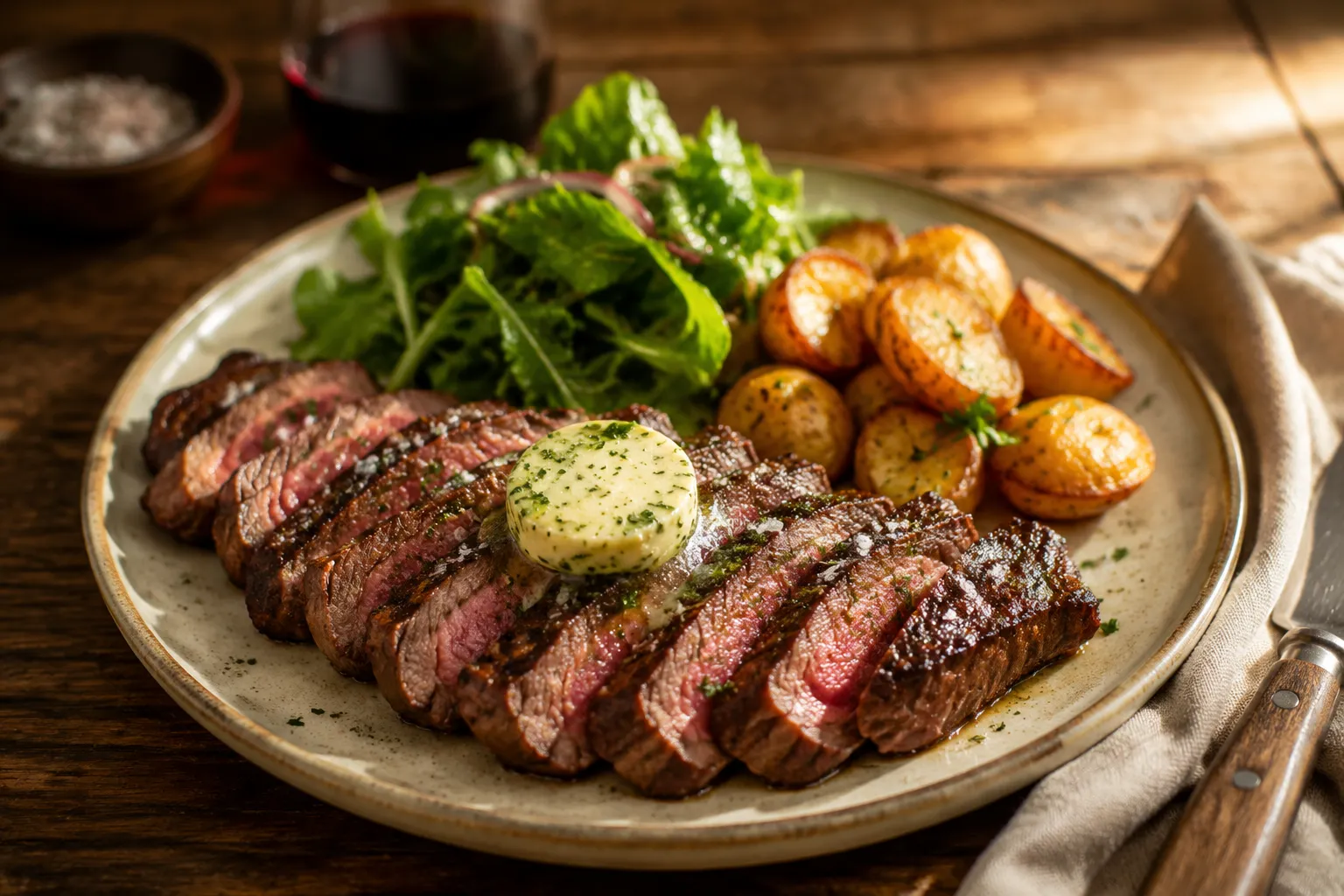 Plated pan-seared ribeye steak sliced with herb butter and side salad