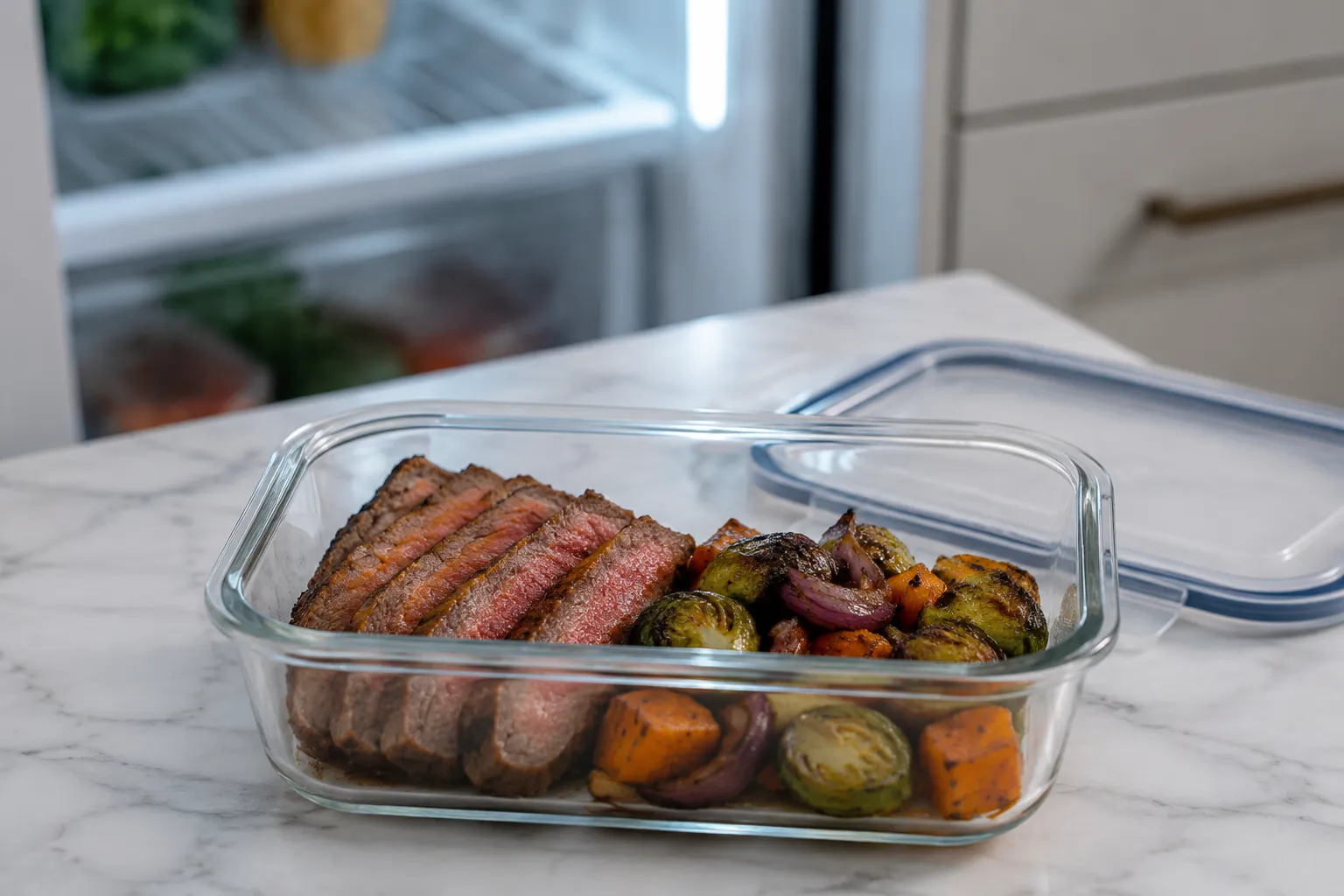 Storing leftover cooked steak in a glass meal-prep container for the fridge
