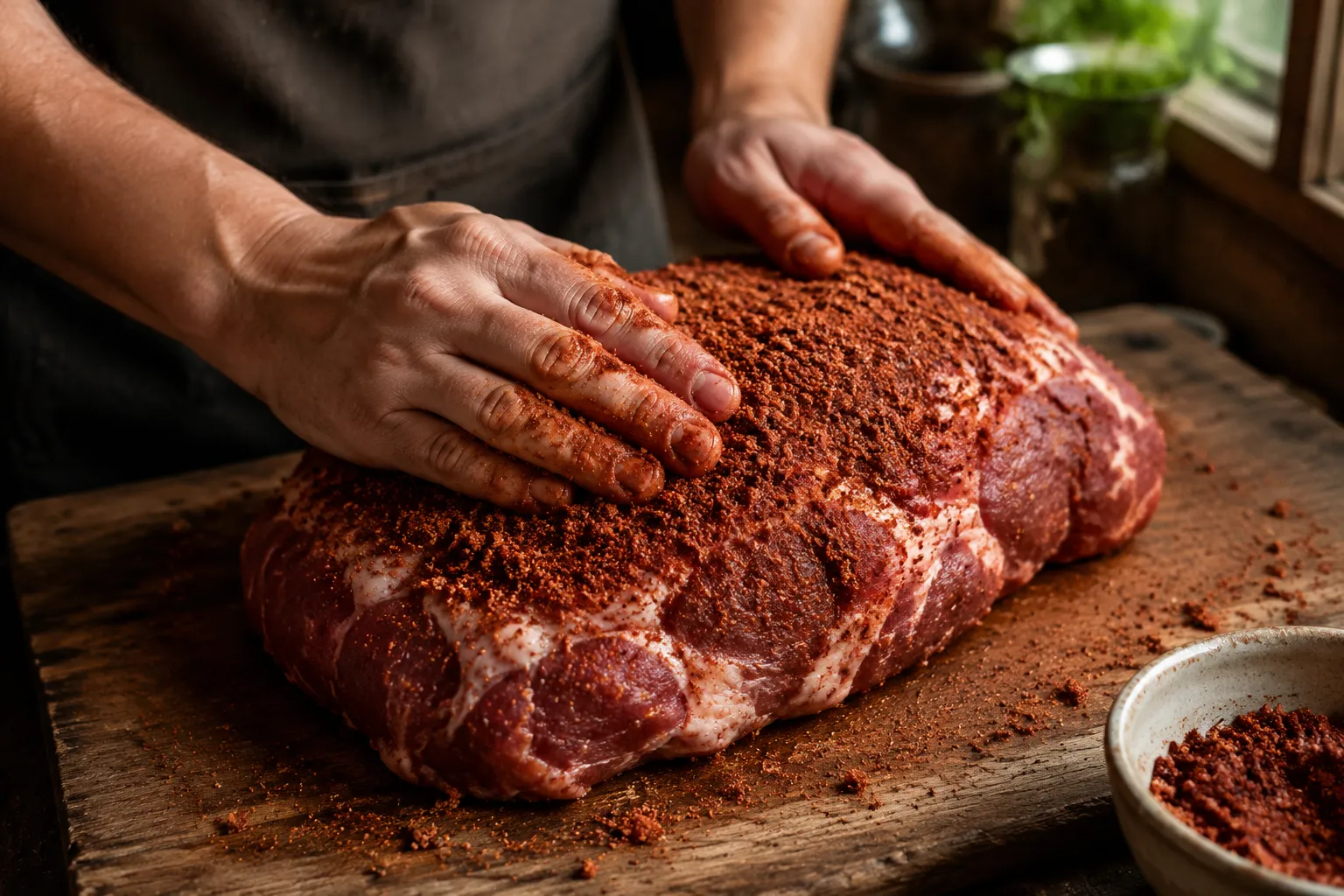 Hands rubbing spice mixture onto pork shoulder before slow cooking