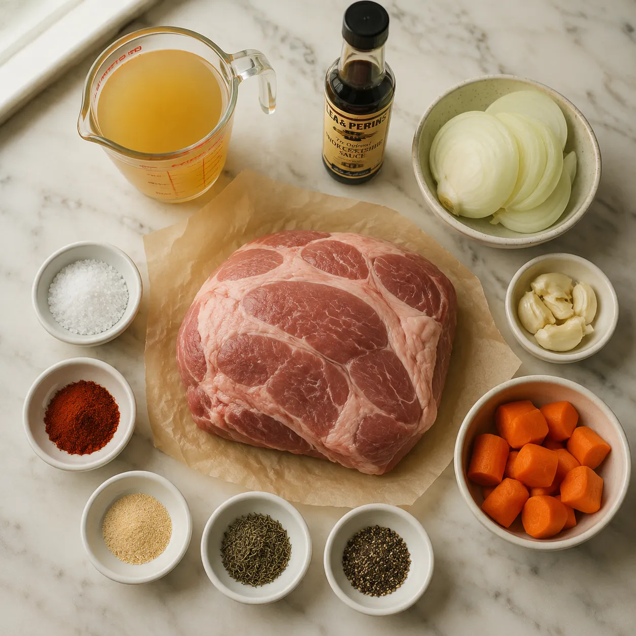 Ingredients for slow cooker pork roast recipe arranged overhead on a marble counter