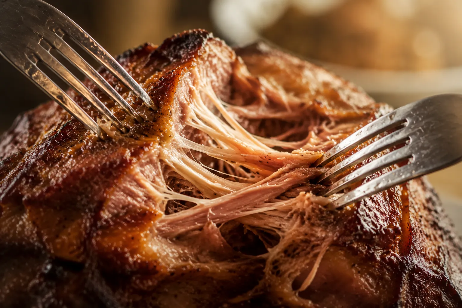 Two forks shredding tender slow cooker pork roast with visible juicy strands