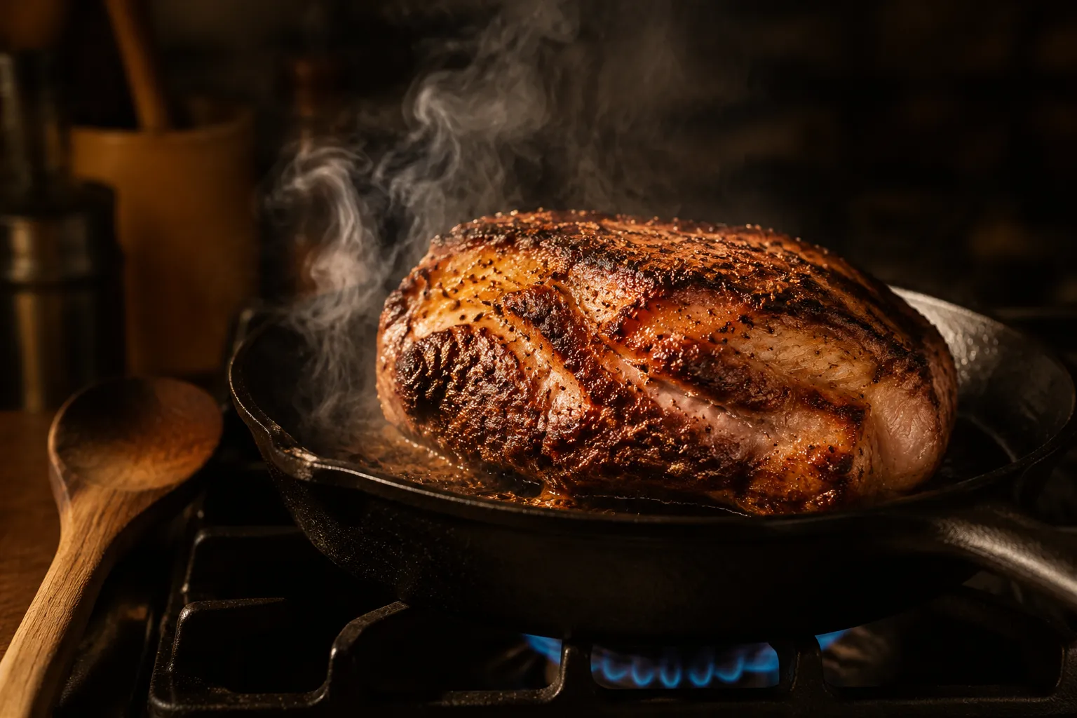 Searing pork shoulder in cast iron skillet for slow cooker pork roast recipe