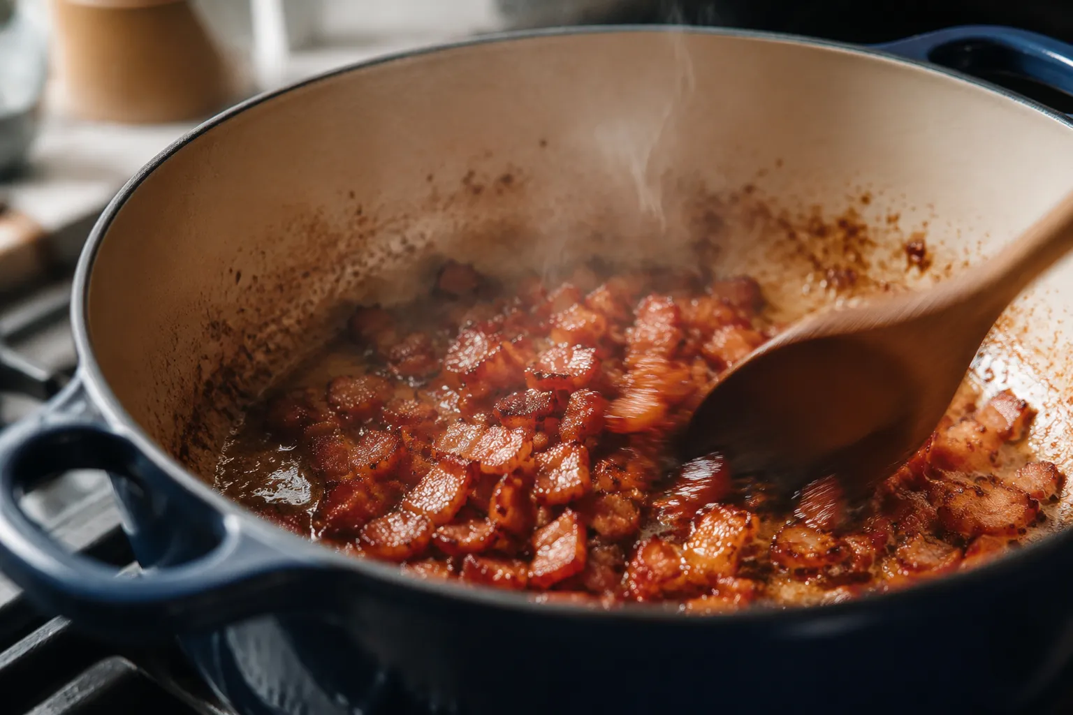 Bacon rendering in a Dutch oven for clam chowder base