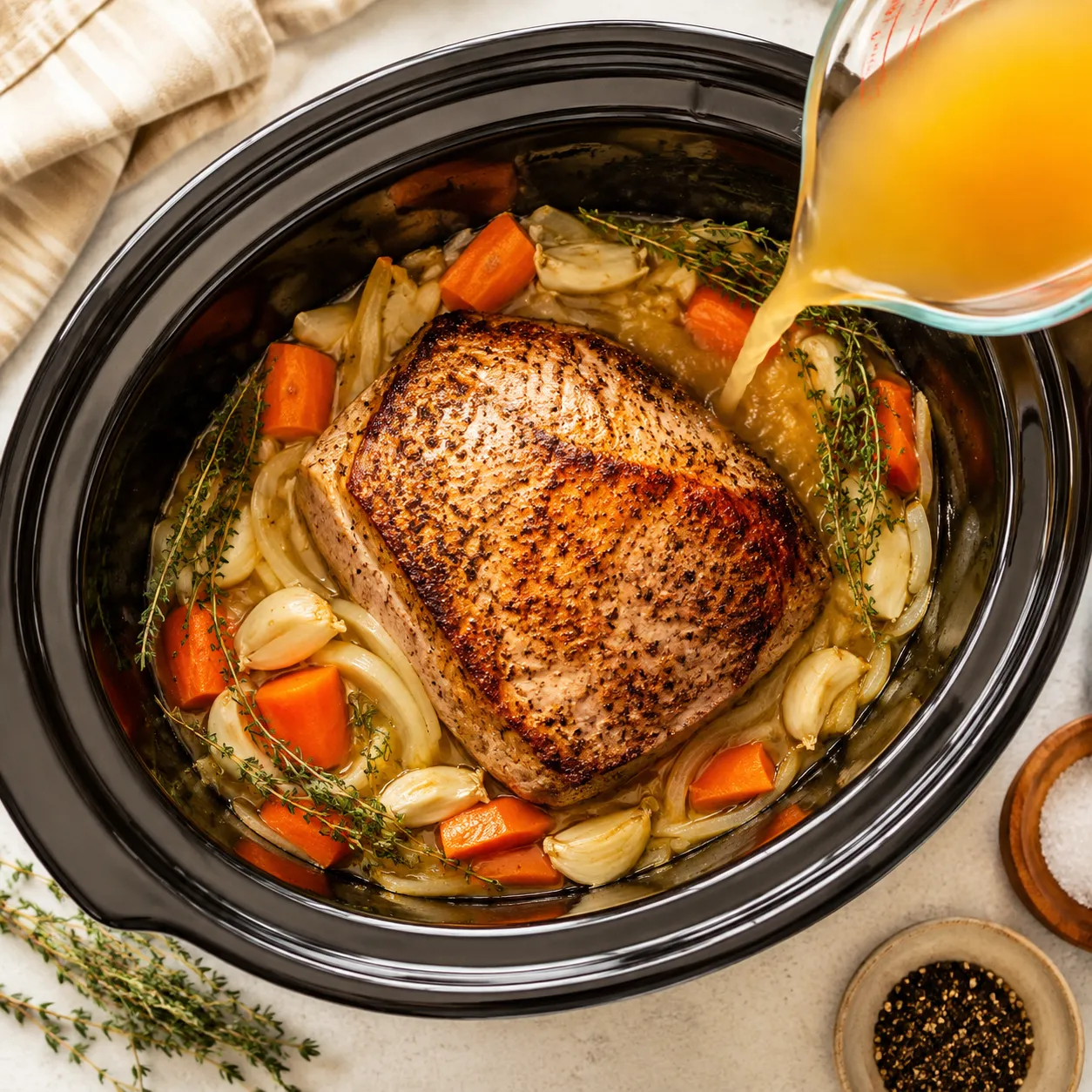 Pouring broth over seared pork roast and vegetables in a slow cooker