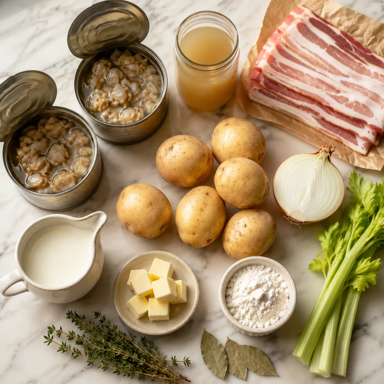Ingredients for New England clam chowder including clams, potatoes, bacon, and cream