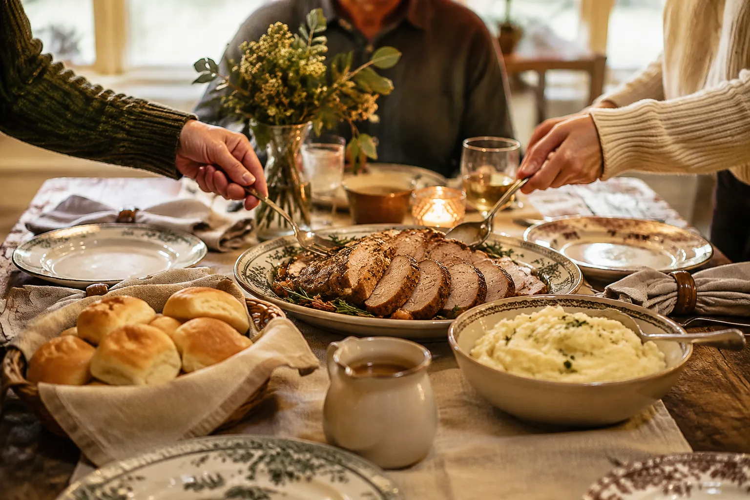 Family style dinner table with slow cooker pork roast served with sides