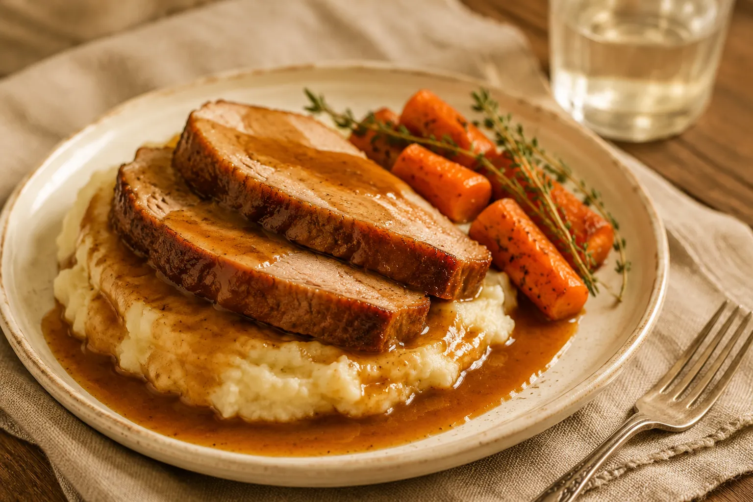Plated slow cooker pork roast with mashed potatoes, gravy, and roasted carrots
