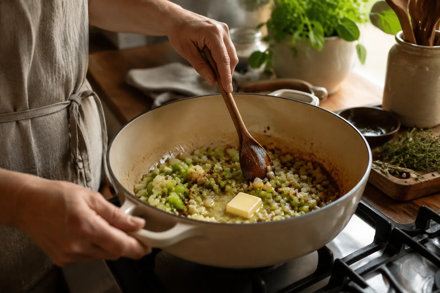 Sauteing onion and celery for homemade New England clam chowder