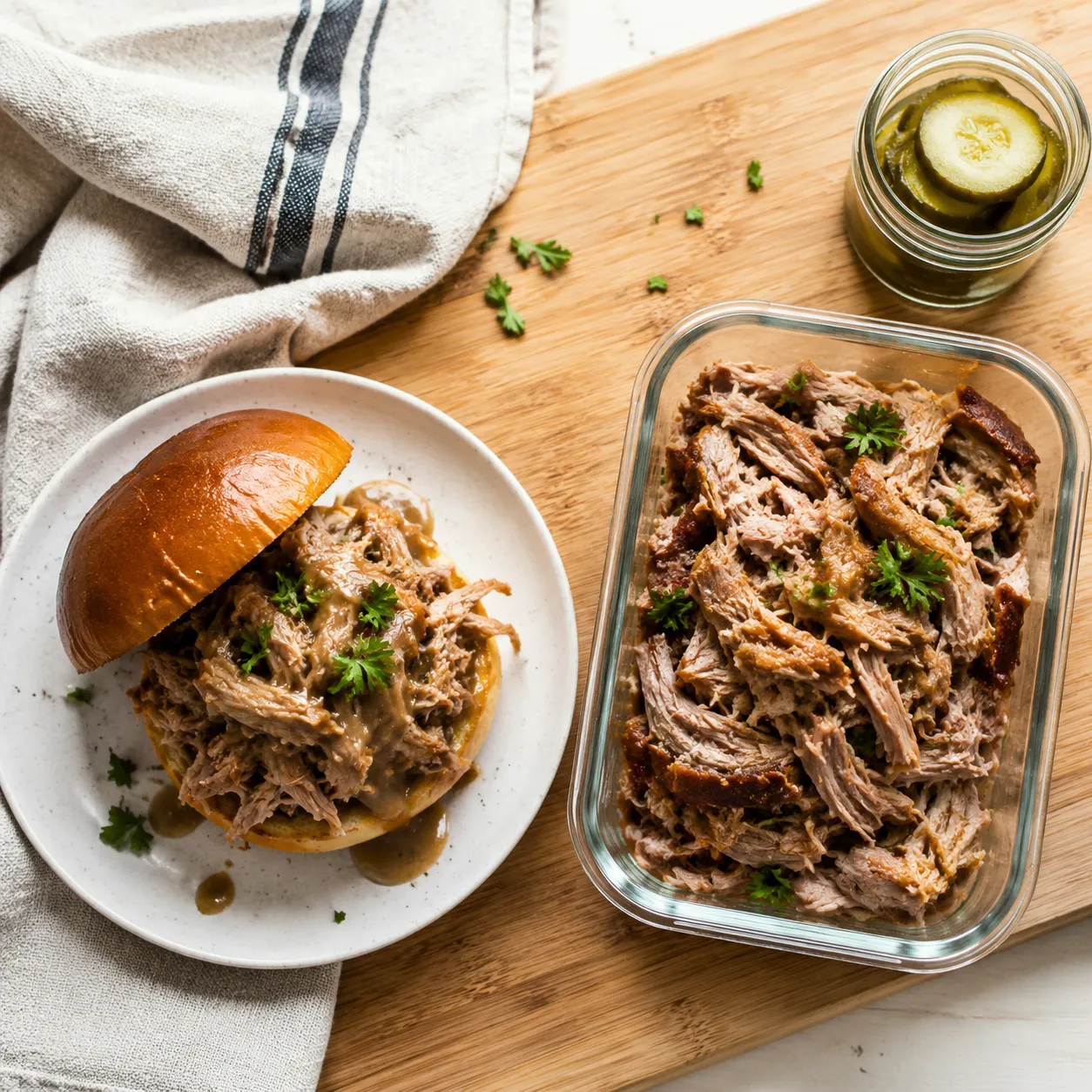 Leftover slow cooker pork roast on a sandwich bun and in a meal-prep container