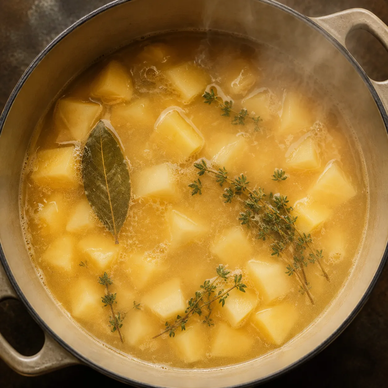 Potatoes simmering in clam juice broth for chowder