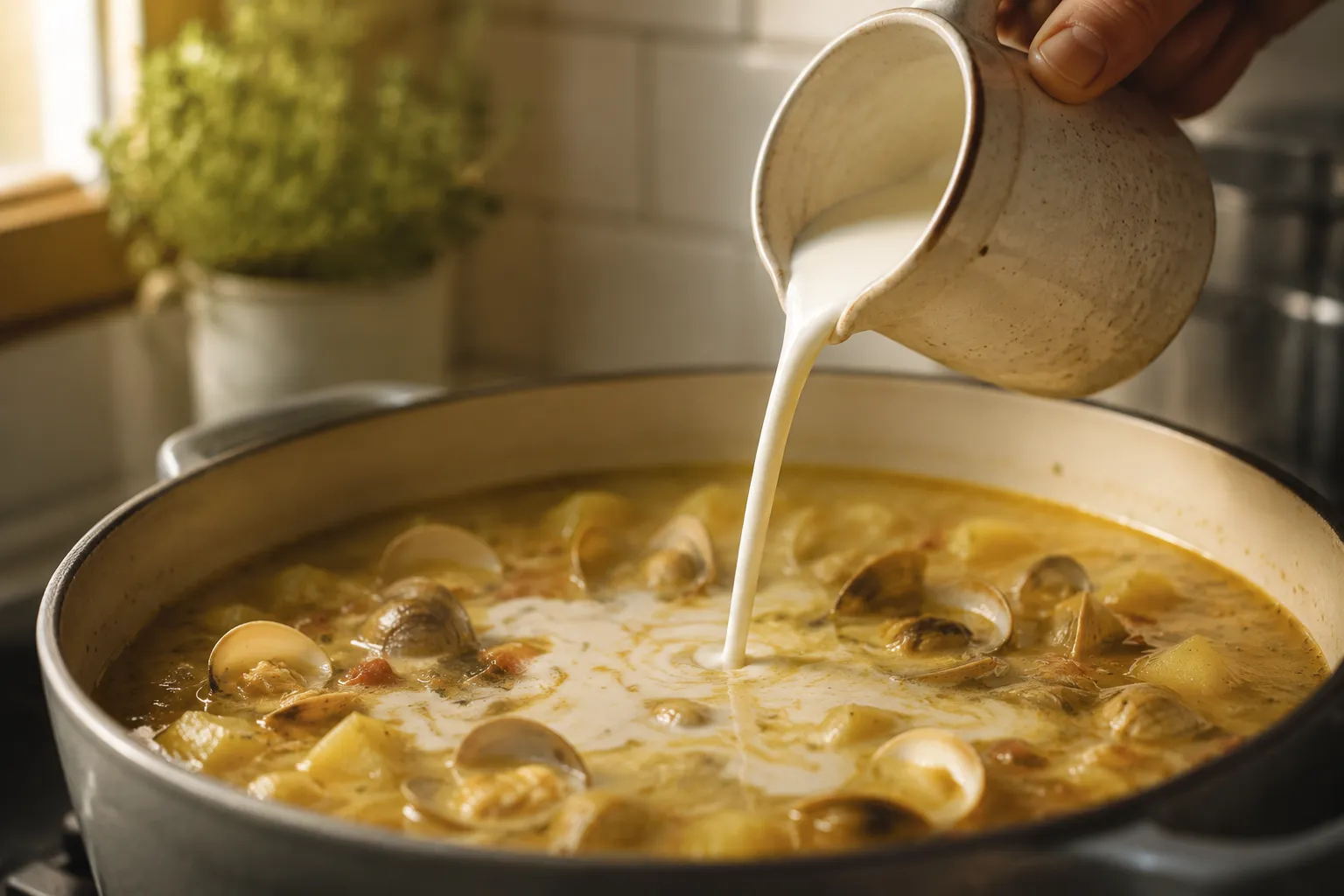 Pouring heavy cream into New England clam chowder