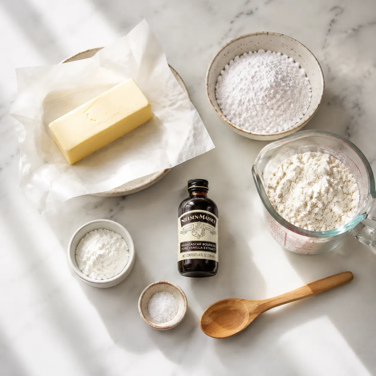 Butter cookie recipe ingredients flatlay with butter, flour, powdered sugar, and vanilla