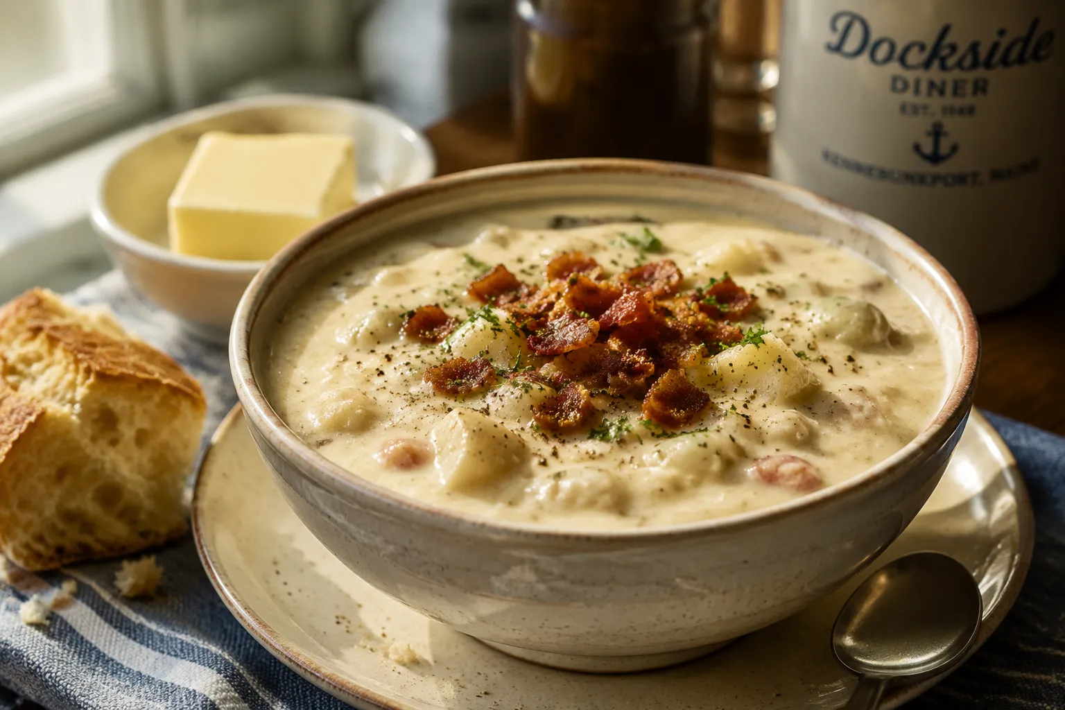 Finished bowl of New England clam chowder with bacon and sourdough