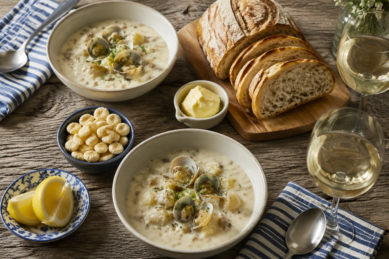 New England clam chowder served with oyster crackers and sourdough bread