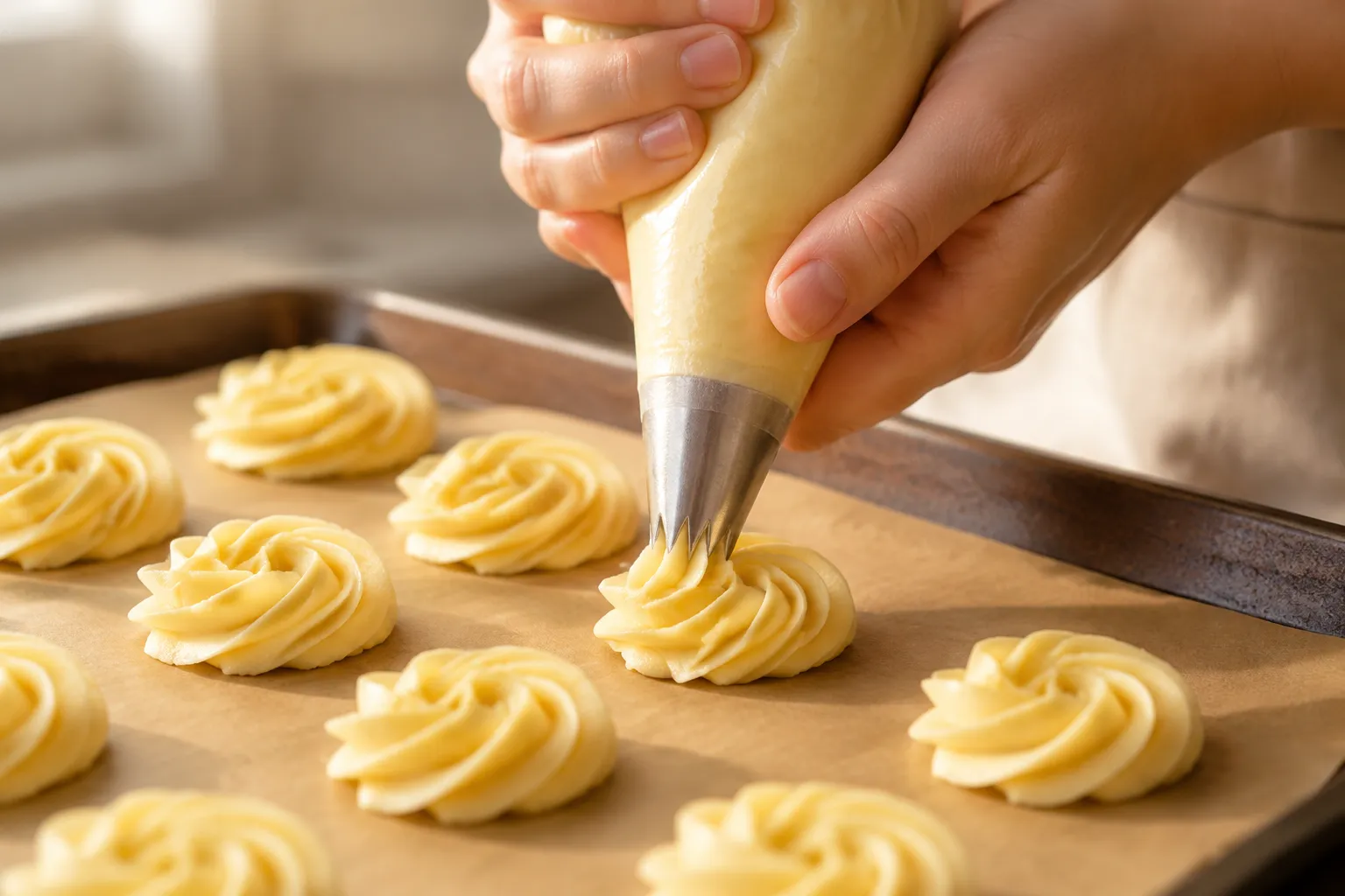 Piping butter cookie dough into rosettes on a baking sheet