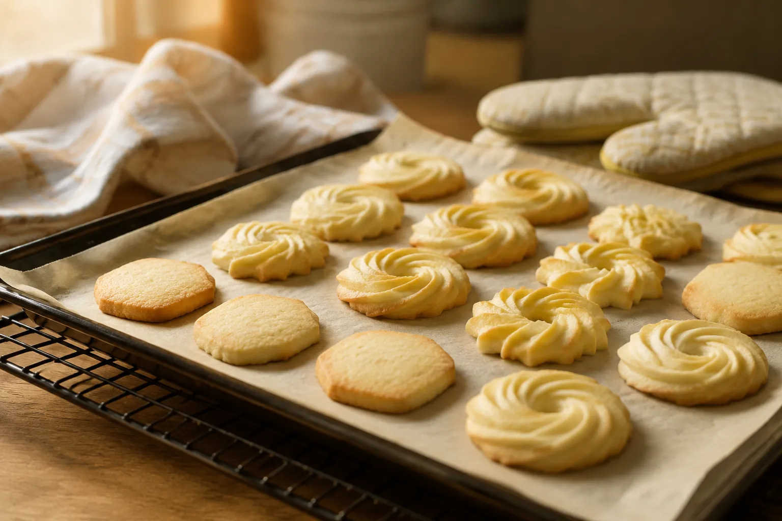 Freshly baked butter cookies cooling on a wire rack