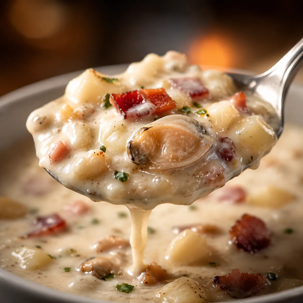 Close-up spoonful of creamy clam chowder with tender clams and potatoes
