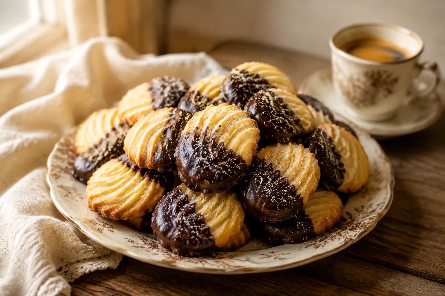 Finished butter cookies plated with chocolate-dipped halves