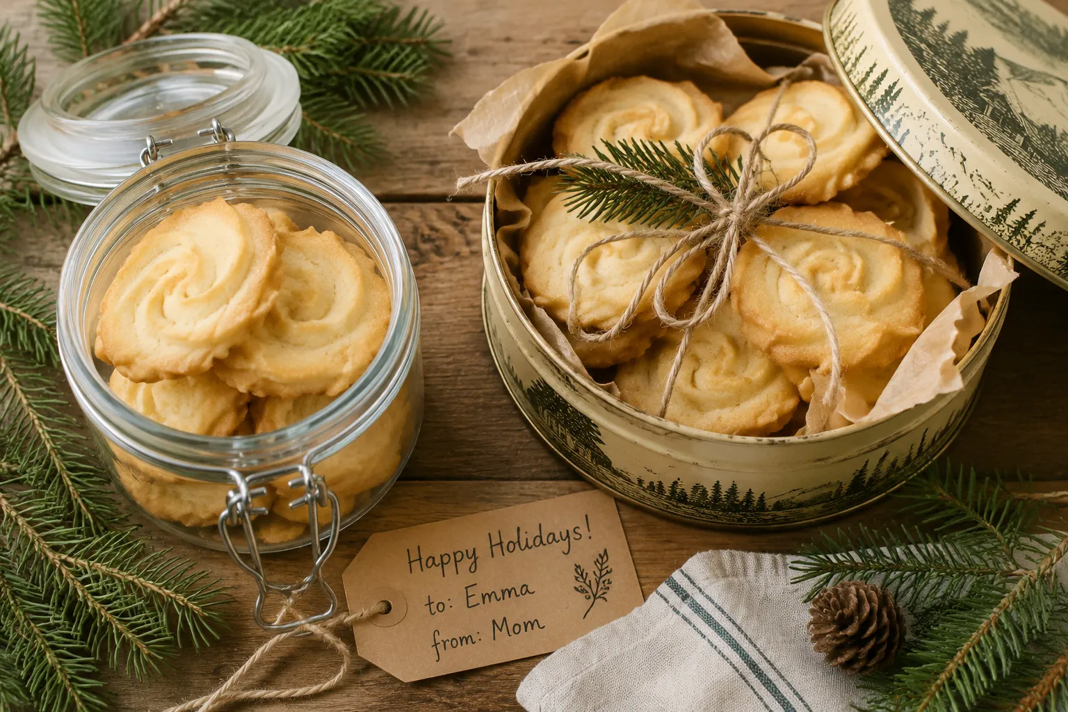 Butter cookies stored in a glass jar and gift tin