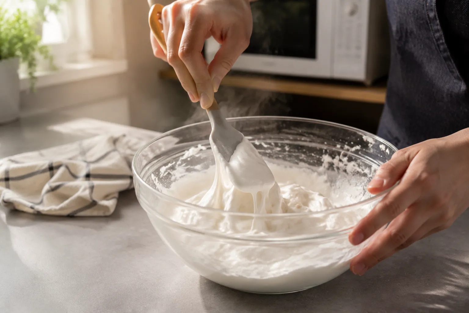 Stirring melted marshmallows for homemade fondant in a glass bowl