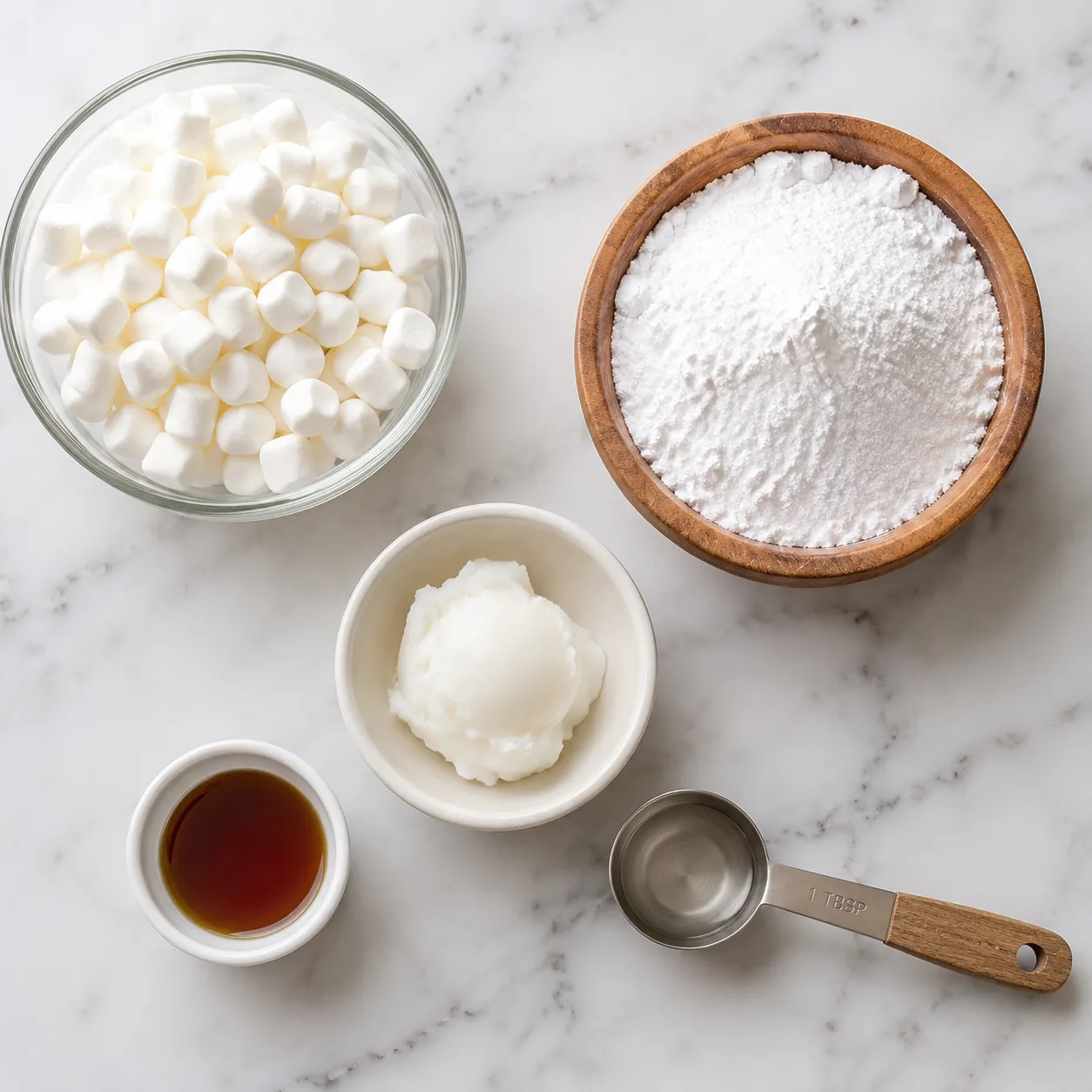 Fondant ingredients flatlay with marshmallows powdered sugar shortening and vanilla