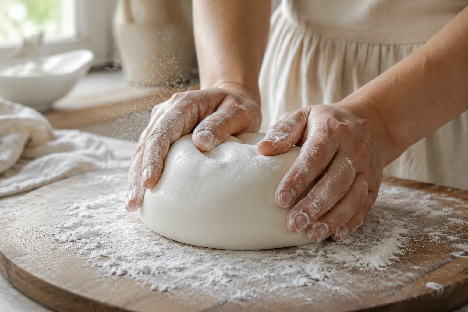 Kneading homemade marshmallow fondant on a powdered sugar dusted board