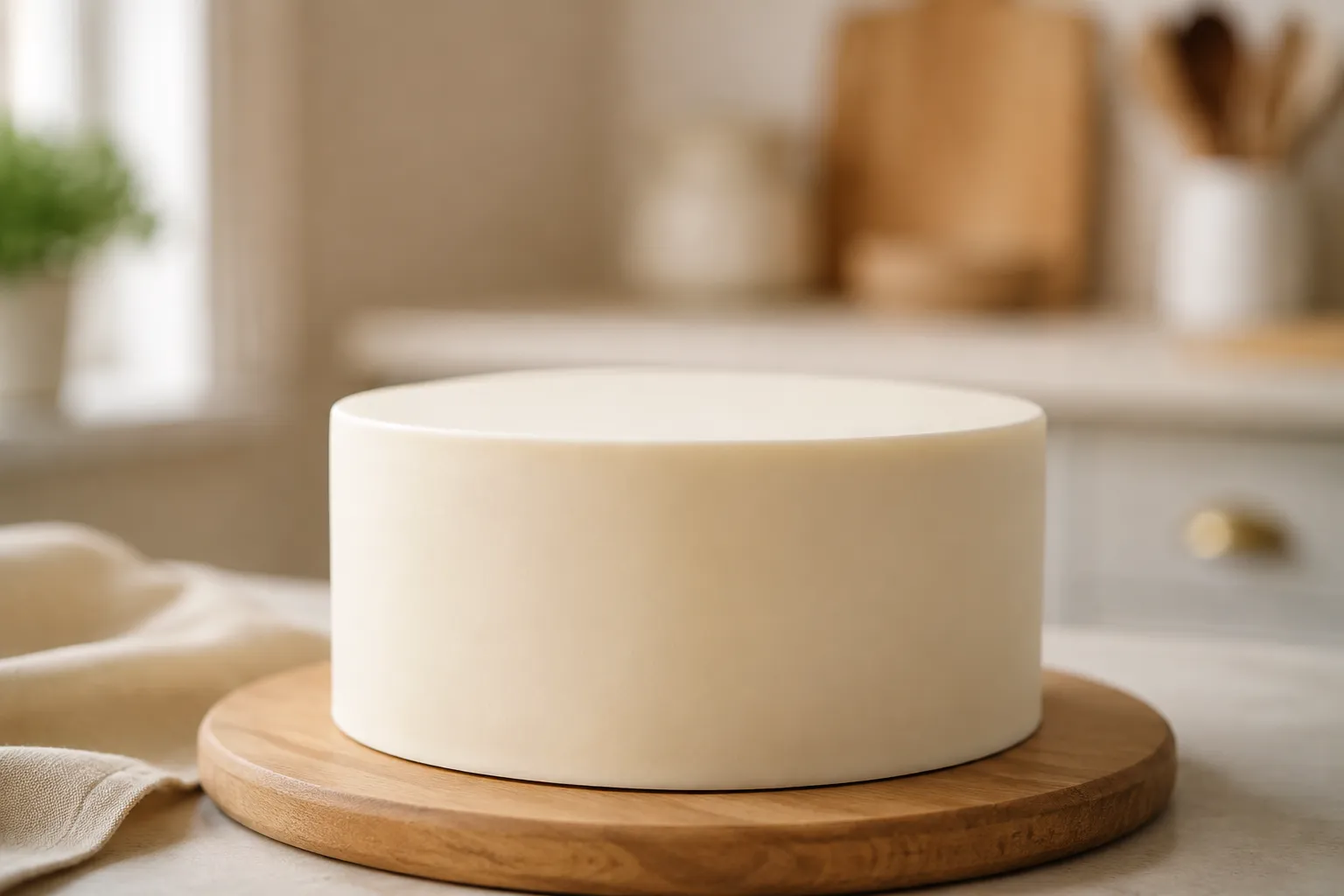 Finished cake covered in smooth ivory fondant on a wooden cake board