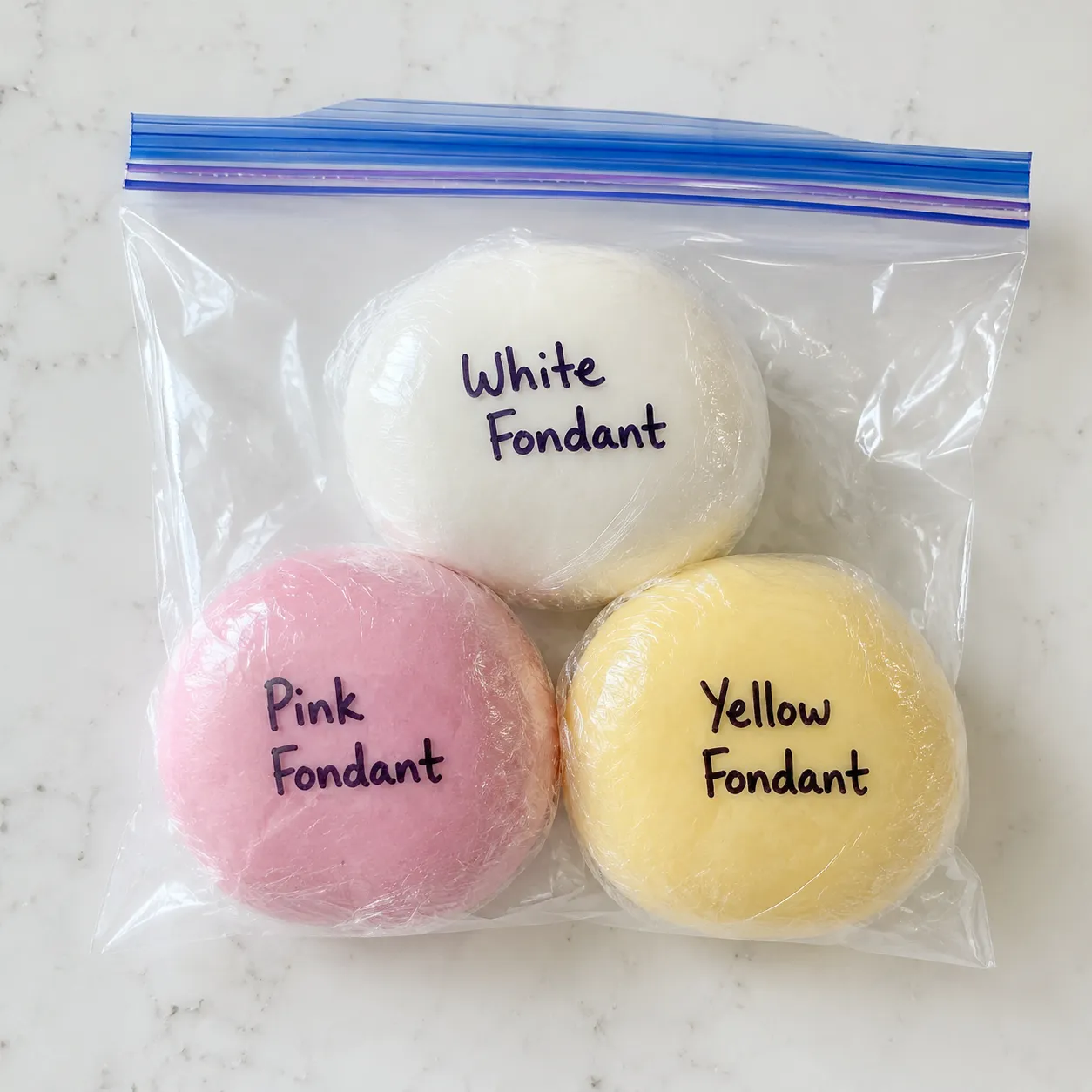 Storing homemade fondant wrapped in plastic inside a zip-top bag