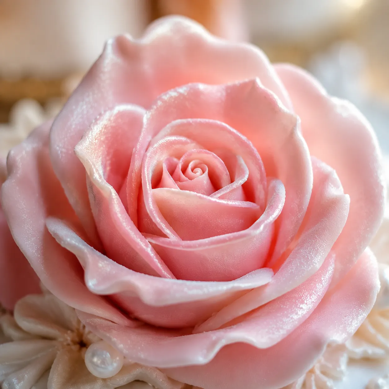 Macro close-up of a handcrafted pink fondant rose petal detail