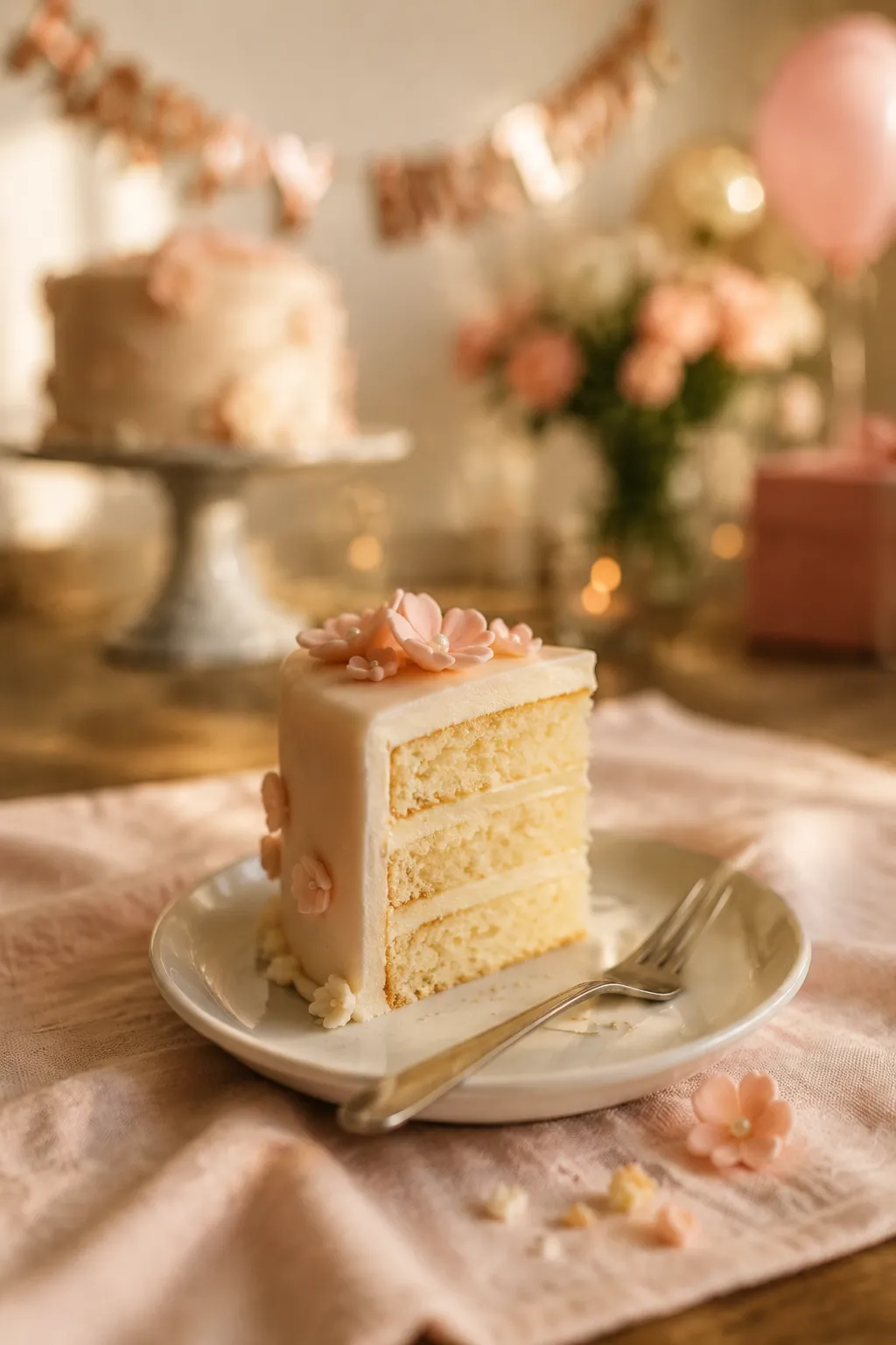 Slice of fondant covered birthday cake on a plate ready to serve