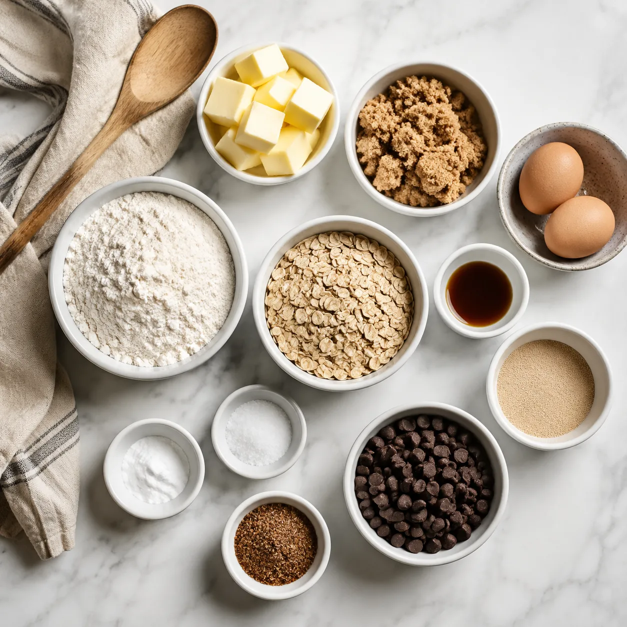Lactation cookies ingredients flatlay with oats, brewer's yeast, flaxseed, and chocolate chips