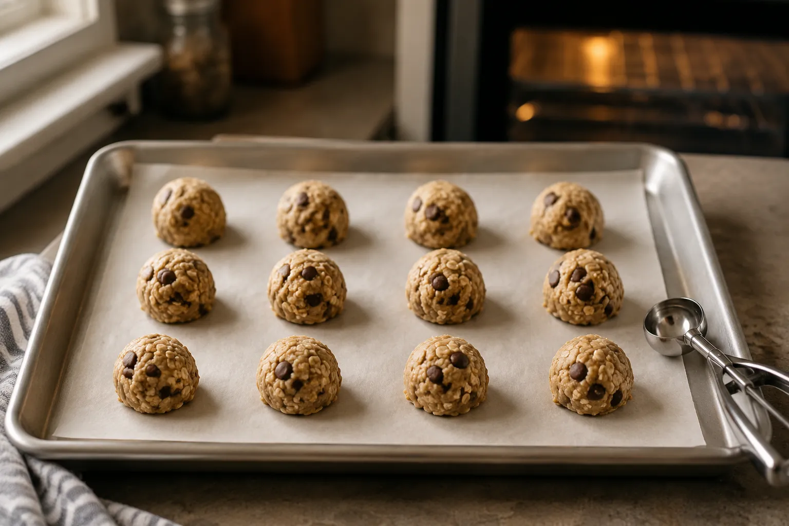 Scooped lactation cookie dough balls on a parchment-lined baking sheet
