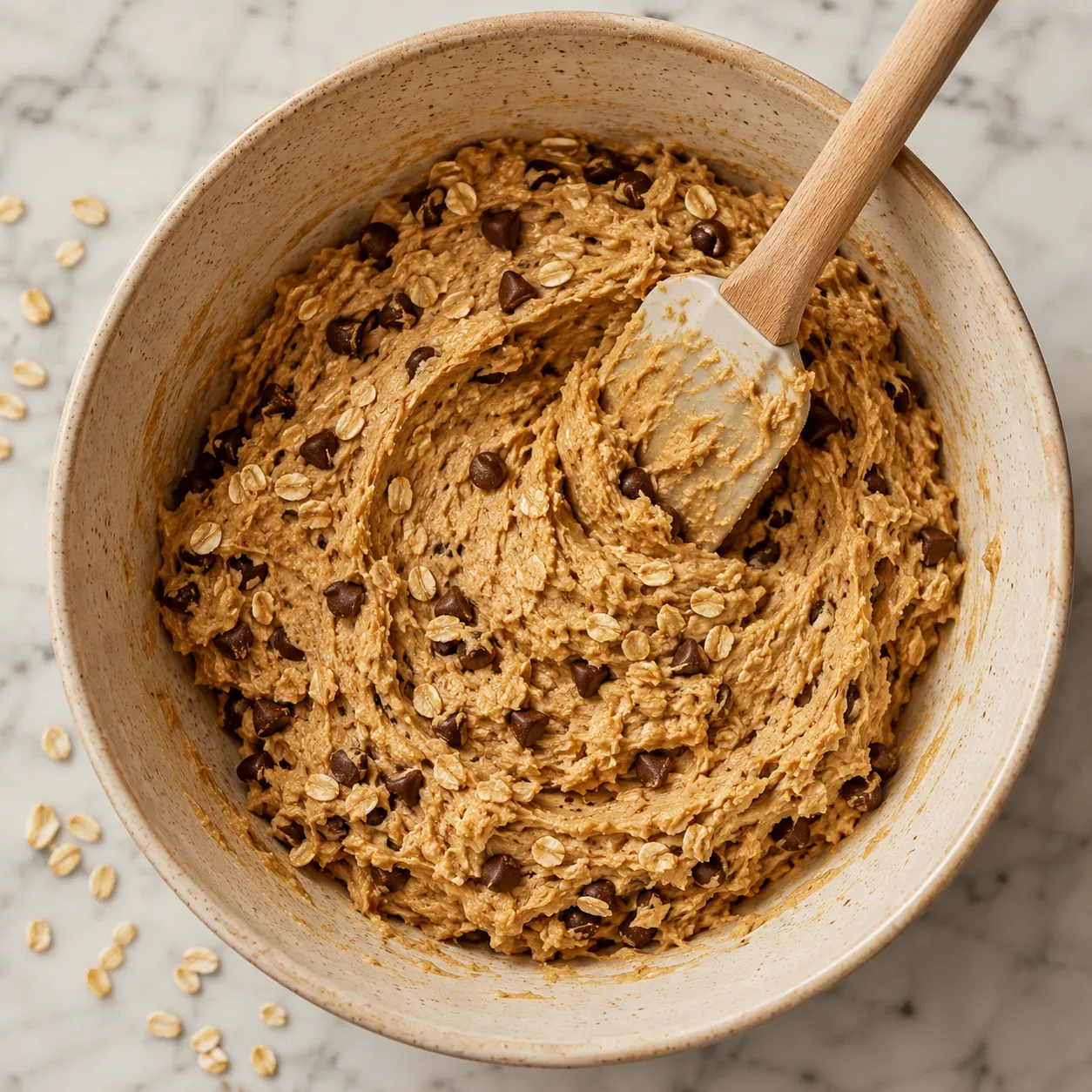 Lactation cookie dough with rolled oats and chocolate chips being folded together