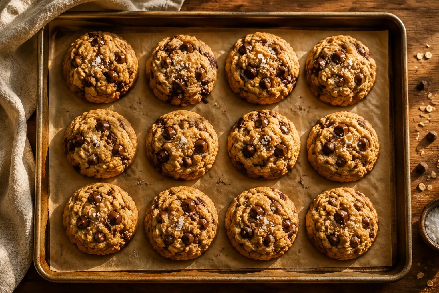 Freshly baked lactation cookies on a parchment-lined baking sheet