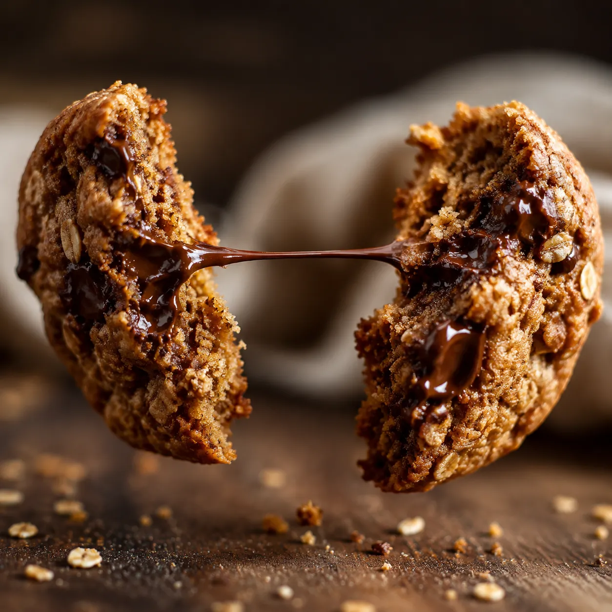 Close-up of a chewy lactation cookie pulled apart showing melted chocolate