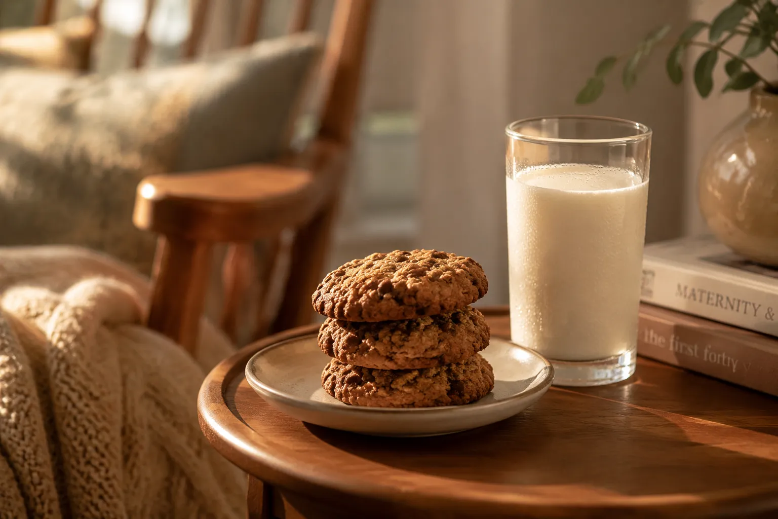 Lactation cookies served with a glass of cold milk on a cozy side table