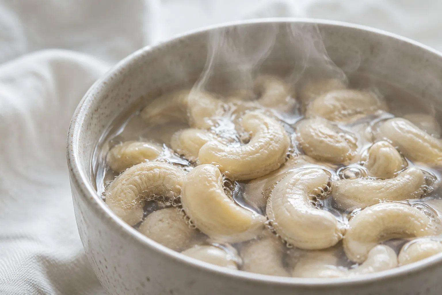 Cashews soaking in hot water for creamy vegan alfredo sauce.