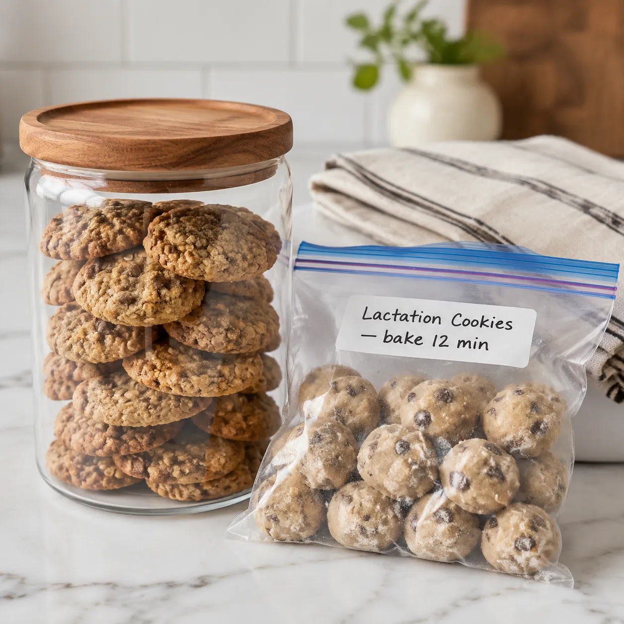 Storing lactation cookies in a glass jar with dough balls in a freezer bag
