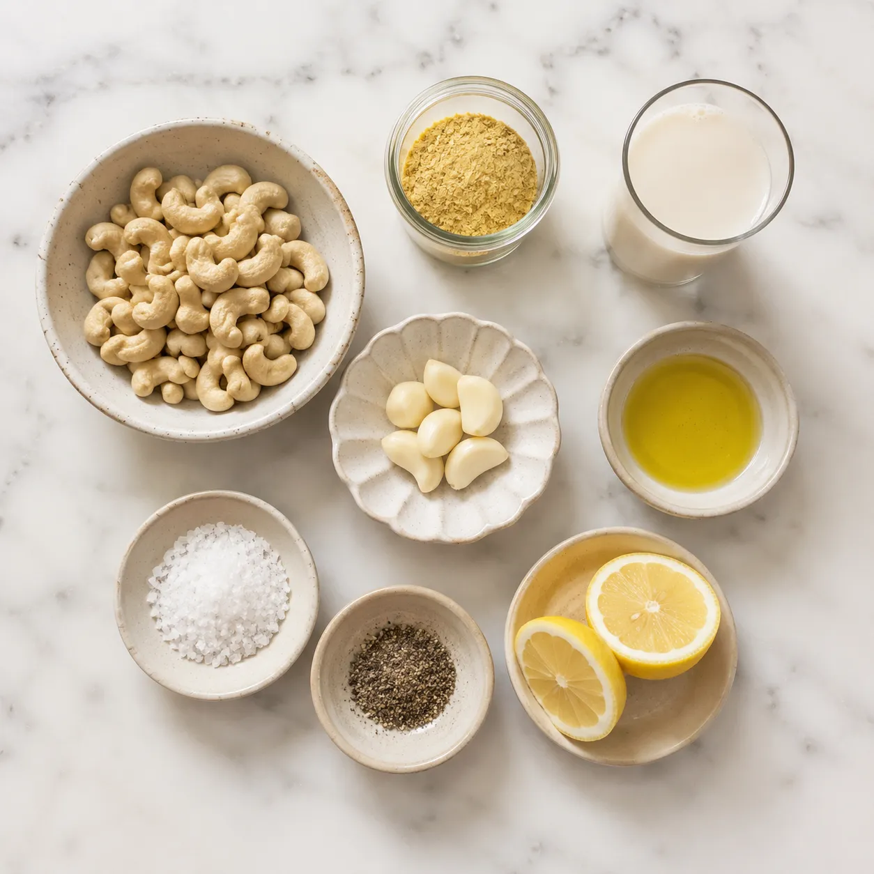 Ingredients for dairy free alfredo sauce including cashews, garlic, lemon, and nutritional yeast.