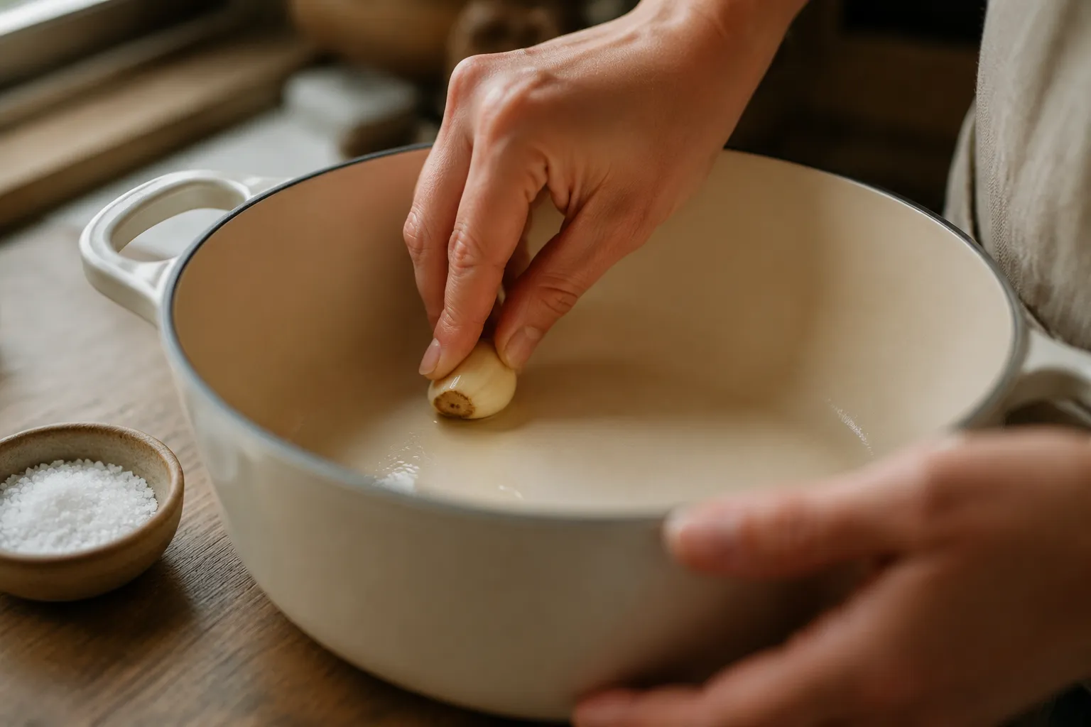 Rubbing garlic inside fondue pot for cheese fondue recipe